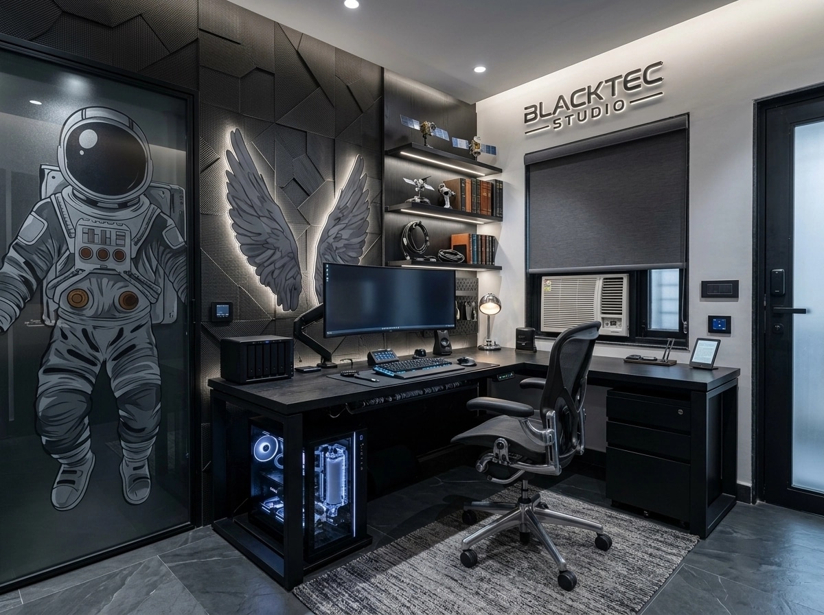 Office interior in Blacktec style — photo by GenRoom AI
