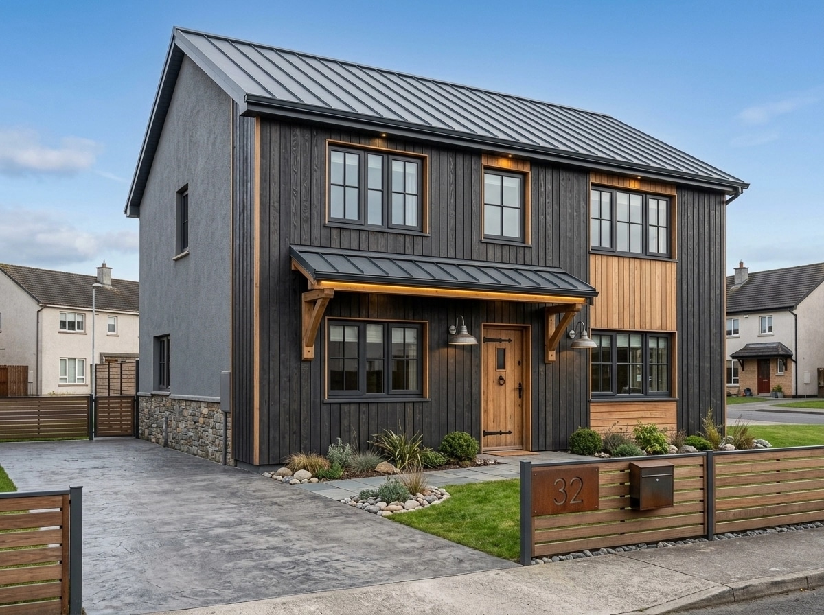 Facade design in Barnhouse Facade style — photo by GenRoom AI