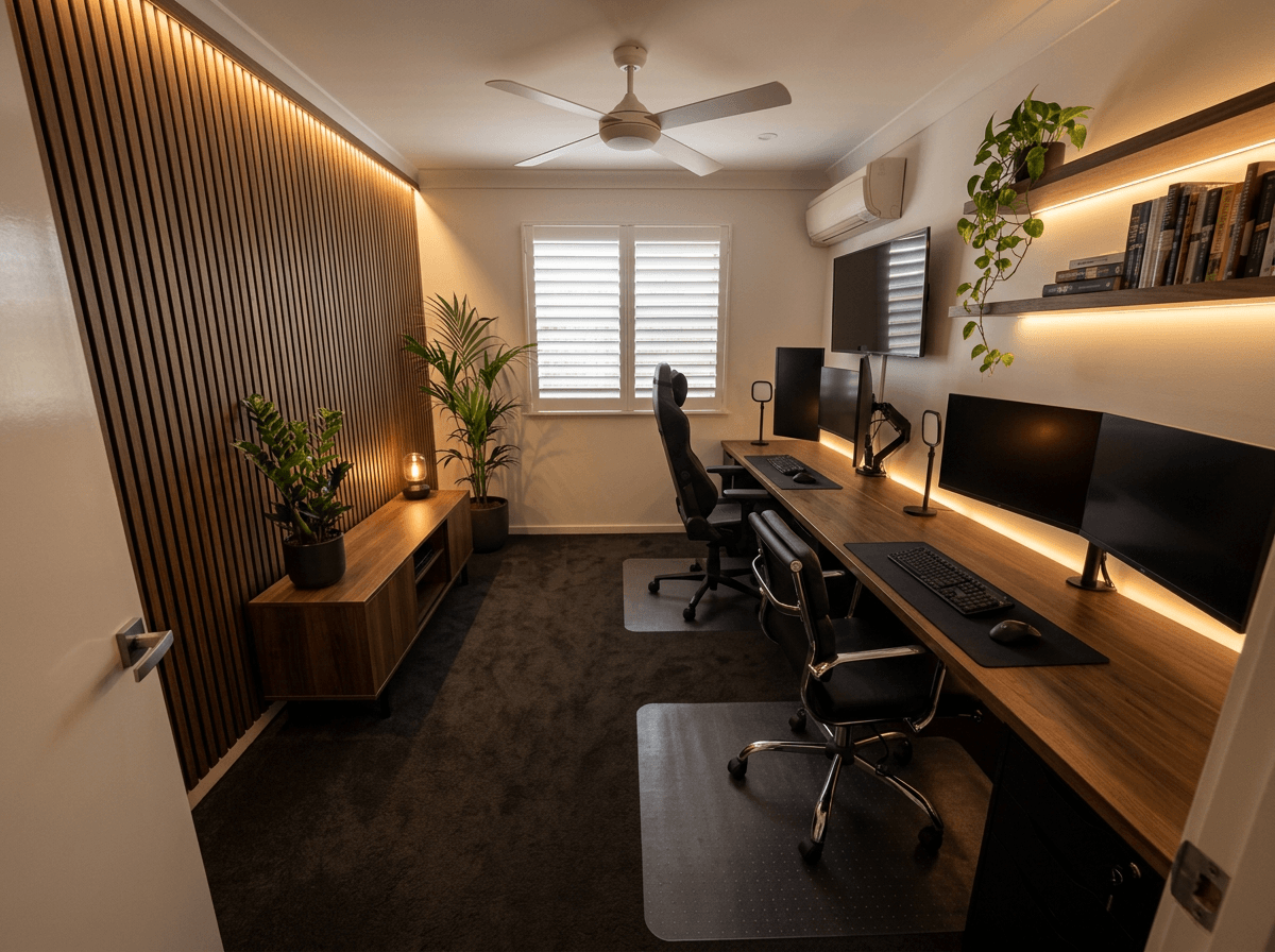 Office interior in Blacktec style — photo by GenRoom AI