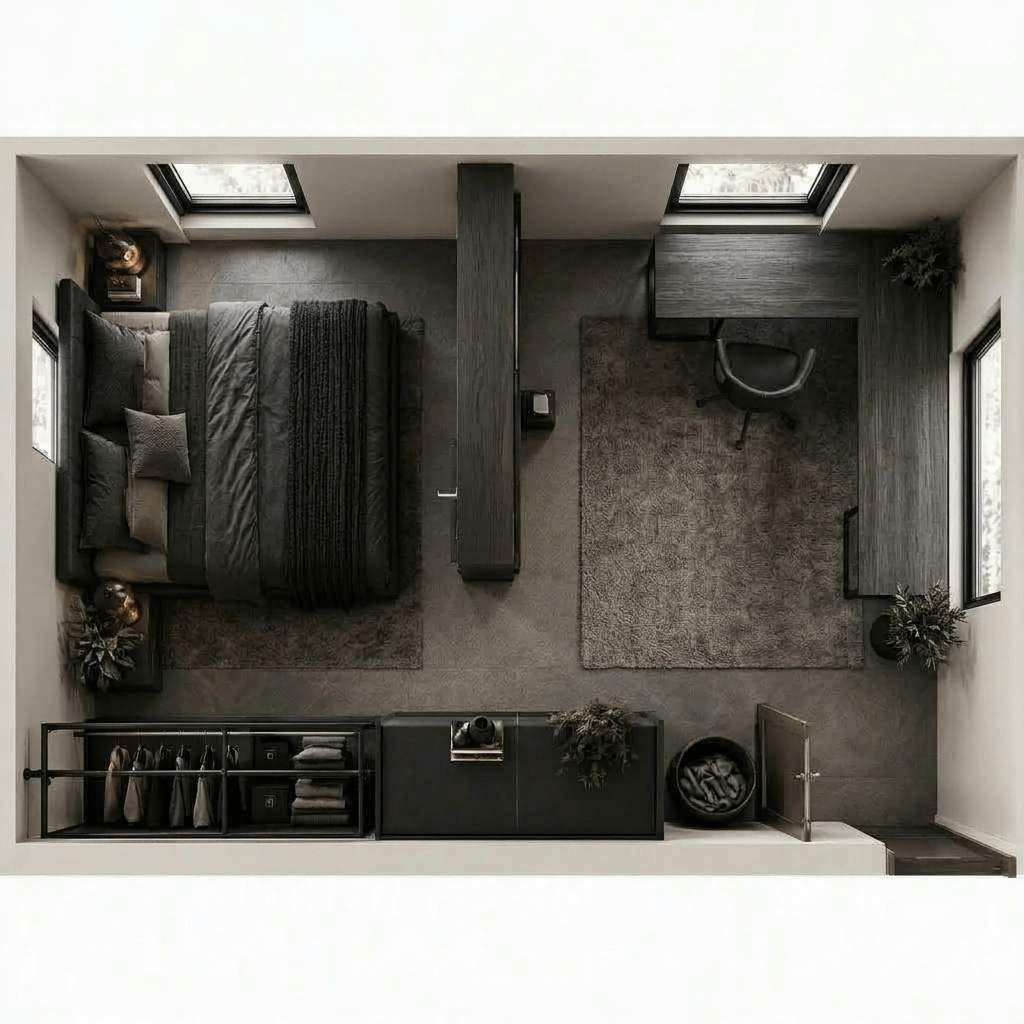 Design d'interni in stile Blacktec — Camera da letto di GenRoom AI