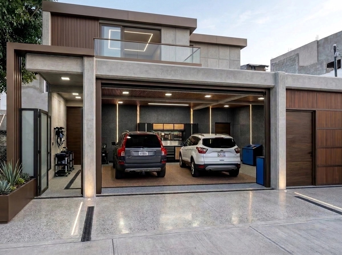 Facade design in Contemporary Facade style — garage by GenRoom AI