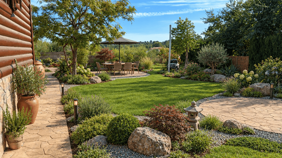 Yard design in Japanese Garden style — photo by GenRoom AI