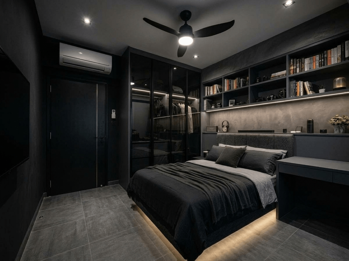 İç mekân tasarımı Blacktec stili — Yatak Odası GenRoom AI
