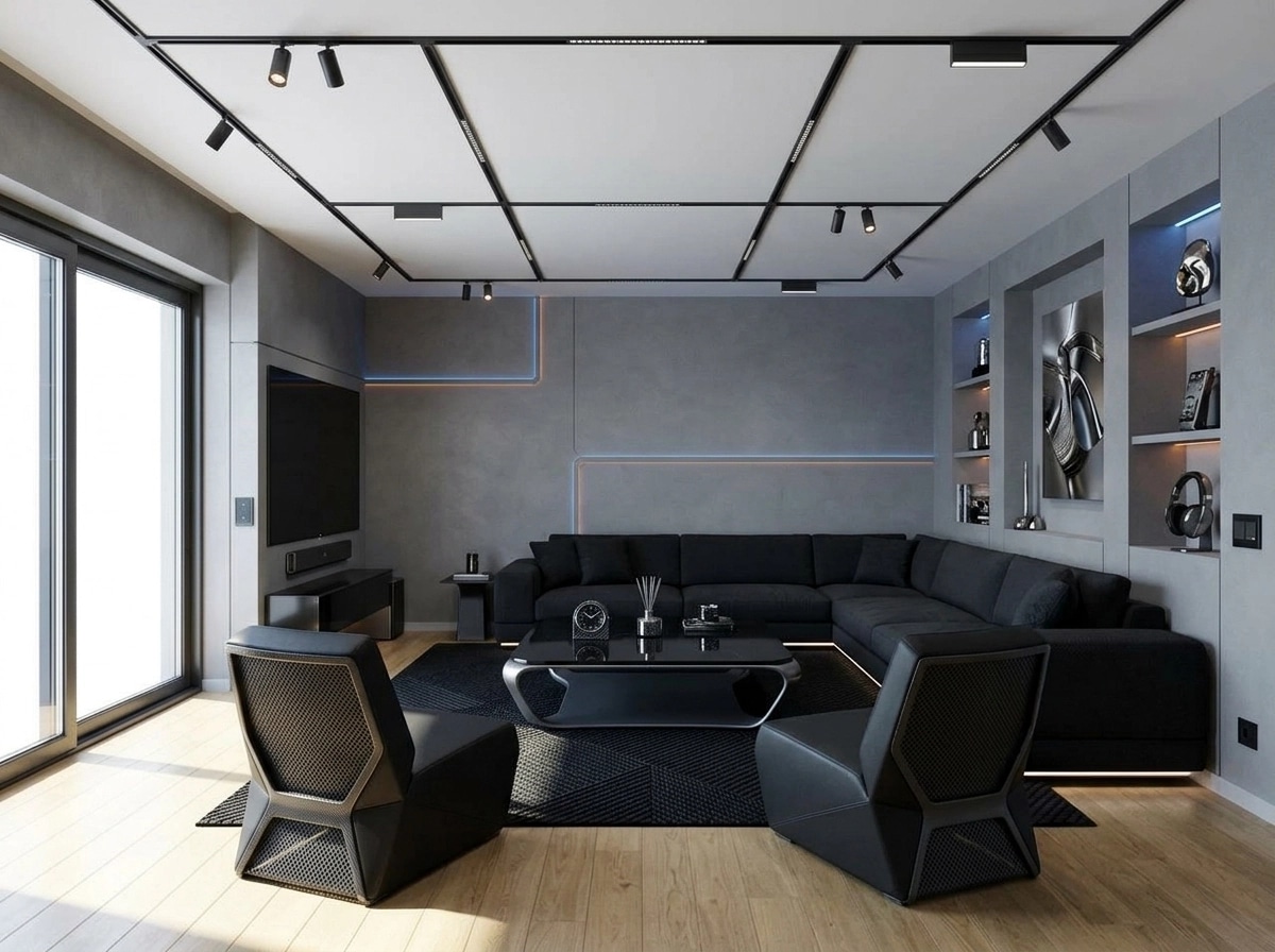 Design d'interni in stile Blacktec — Soggiorno di GenRoom AI