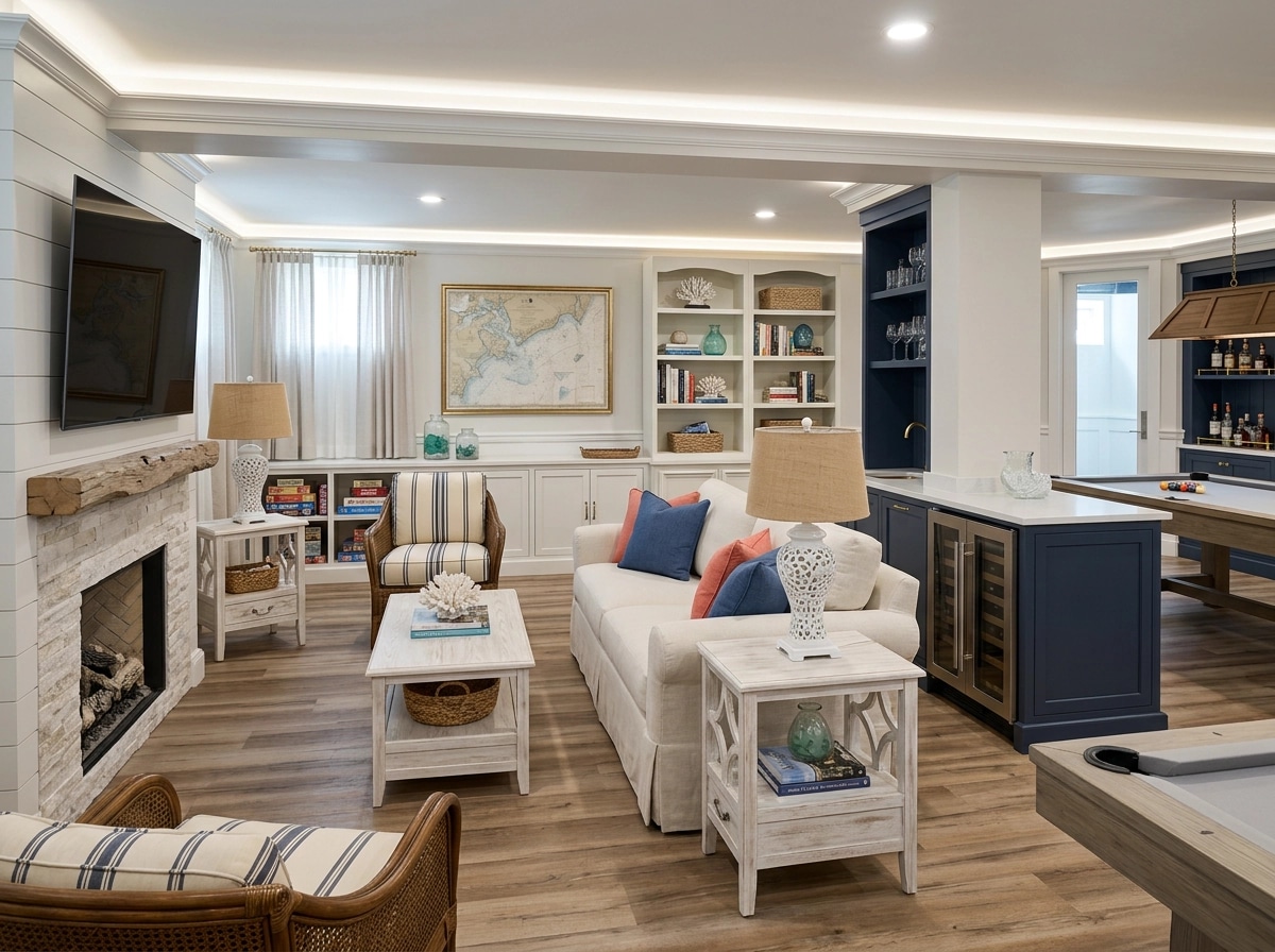 Interior design in Coastal / Hamptons style — basement by GenRoom AI