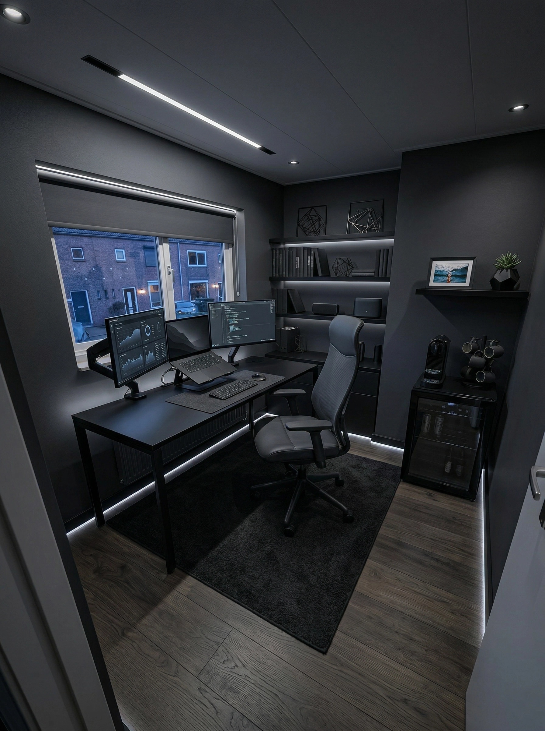 Office interior in Blacktec style — photo by GenRoom AI