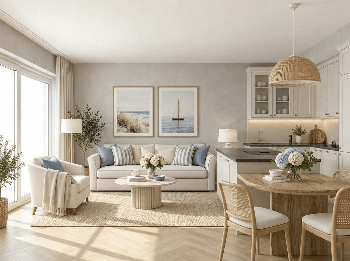 Coastal / Hamptons Living Room design — interior photo by GenRoom AI