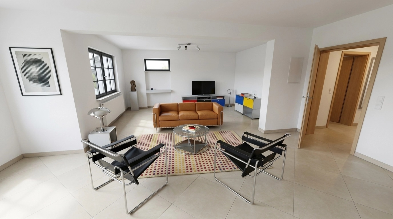 التصميم الداخلي بنمط Bauhaus — غرفة المعيشة من GenRoom AI