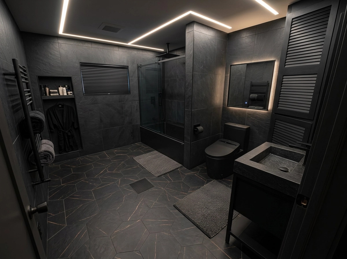 Bathroom interior in Blacktec style — photo by GenRoom AI