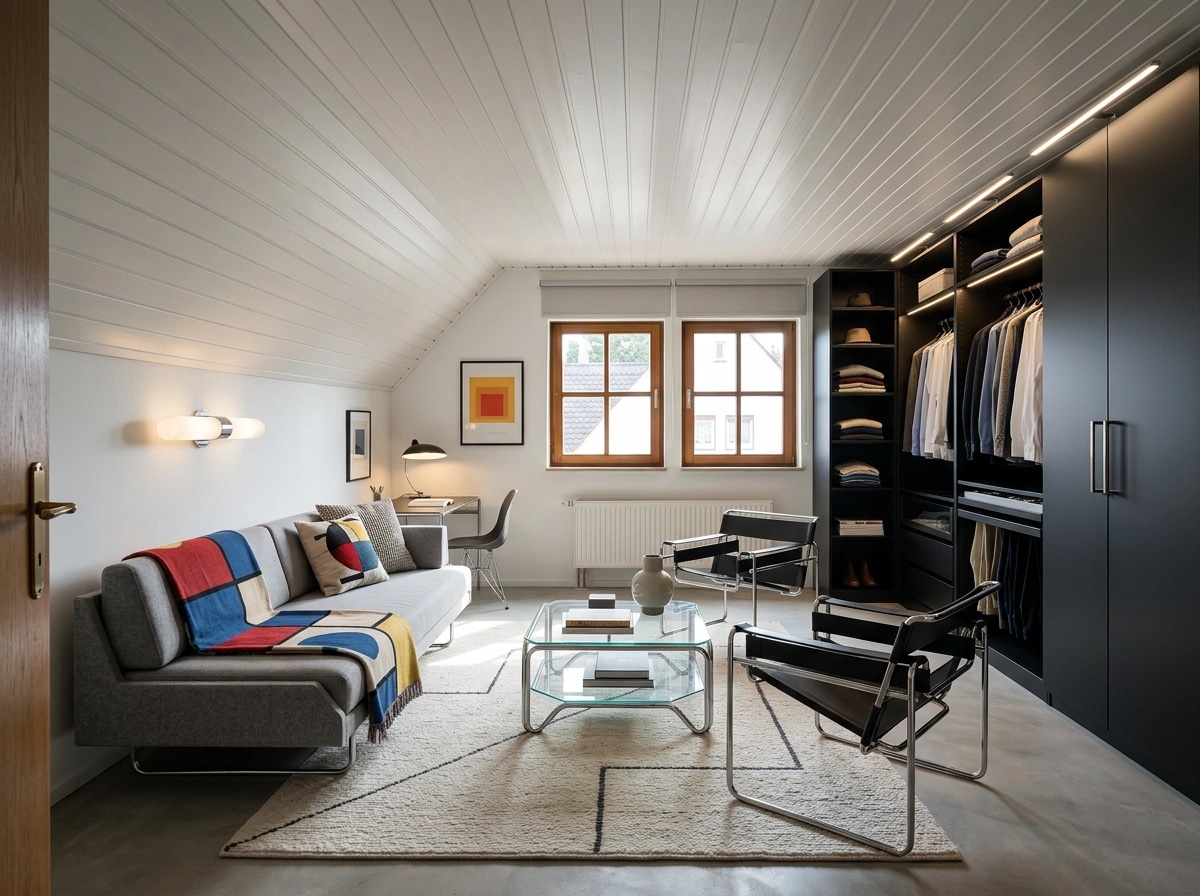 Bedroom interior in Bauhaus style — photo by GenRoom AI