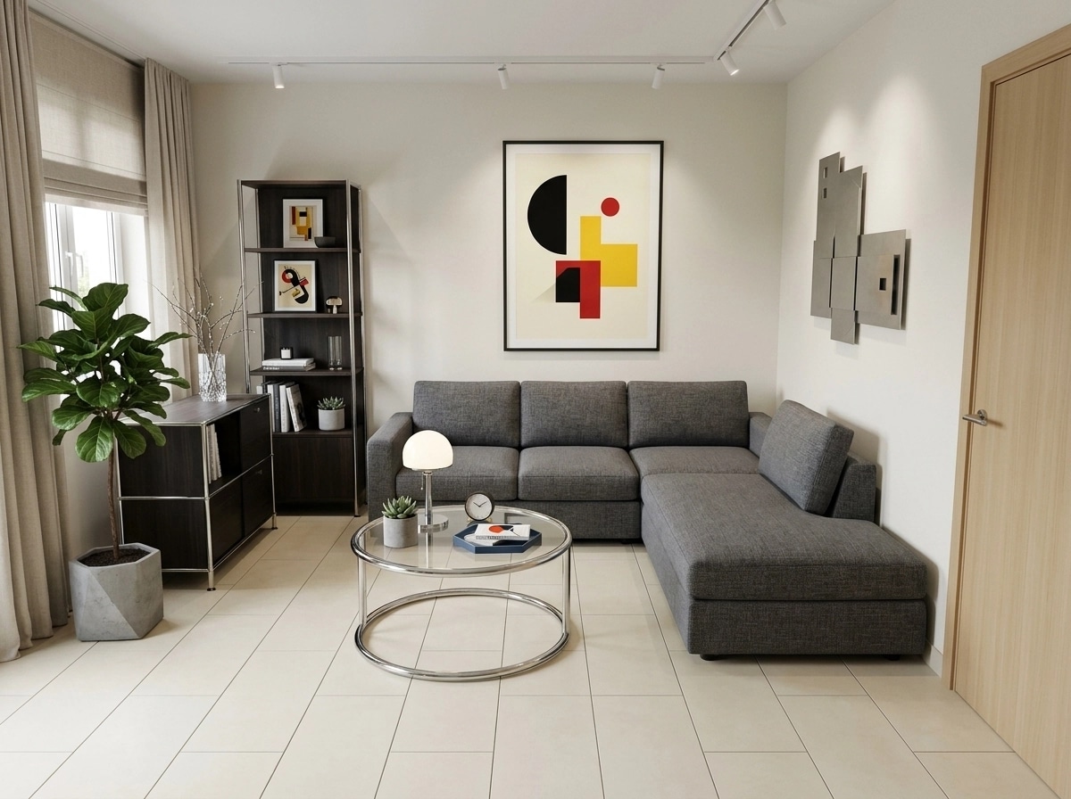 التصميم الداخلي بنمط Bauhaus — غرفة المعيشة من GenRoom AI