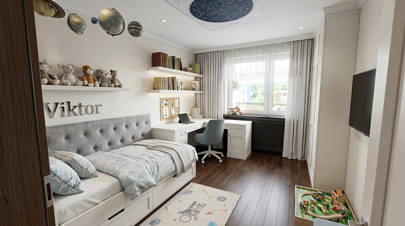 Transitional Kids Room design — interior photo by GenRoom AI