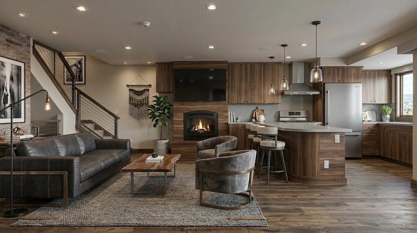 Interior desain di Loft / Industrial gaya — Ruang Tamu oleh GenRoom AI