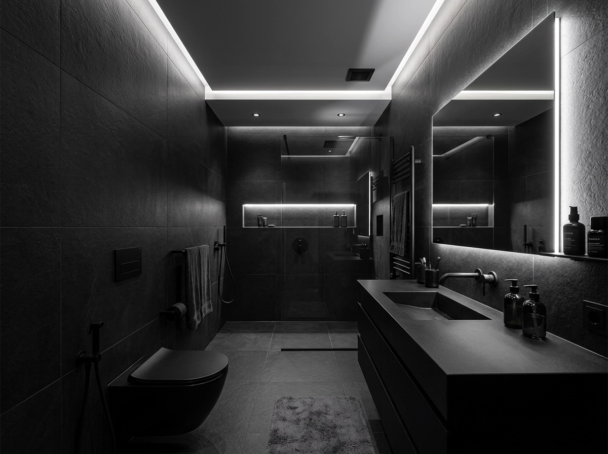 Bathroom interior in Blacktec style — photo by GenRoom AI