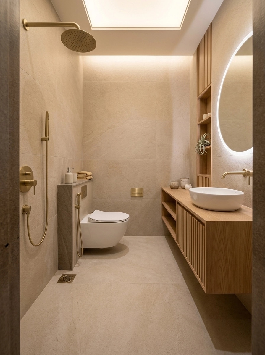 Bathroom interior in Japandi style — photo by GenRoom AI