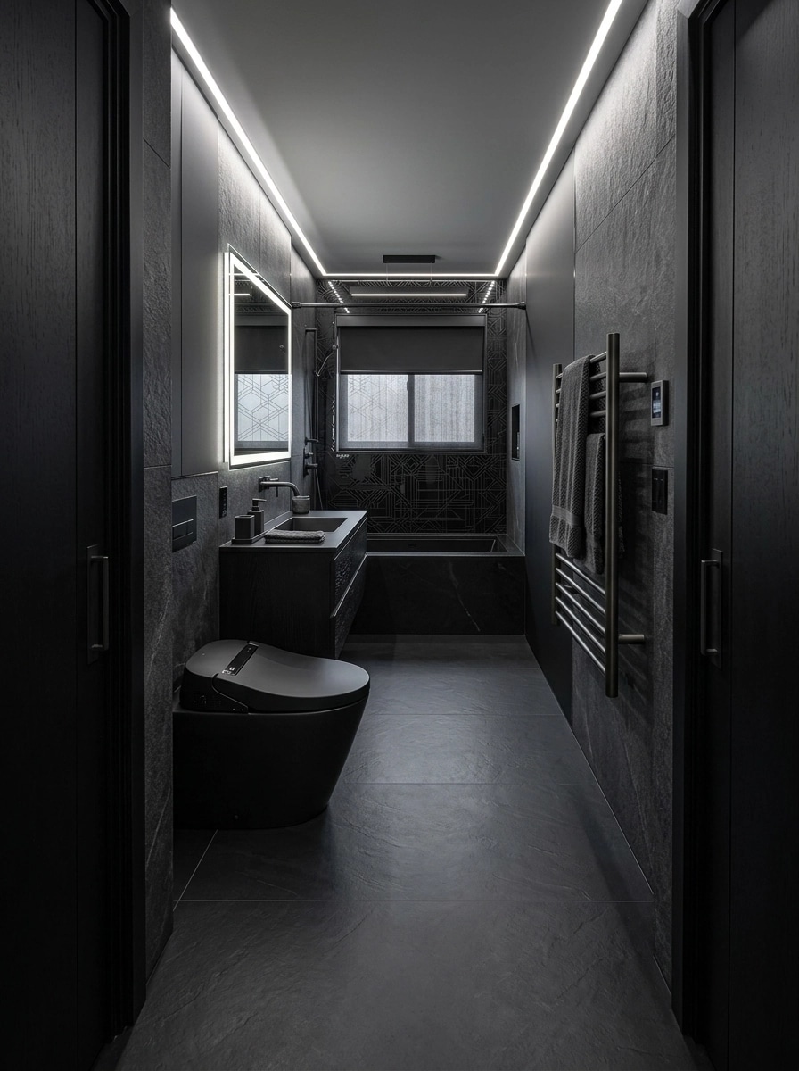 Bathroom interior in Blacktec style — photo by GenRoom AI