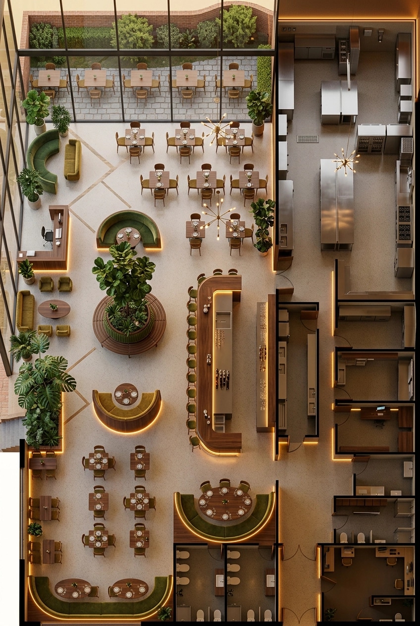 İç mekân tasarımı Mid-Century Modern stili — restaurant GenRoom AI