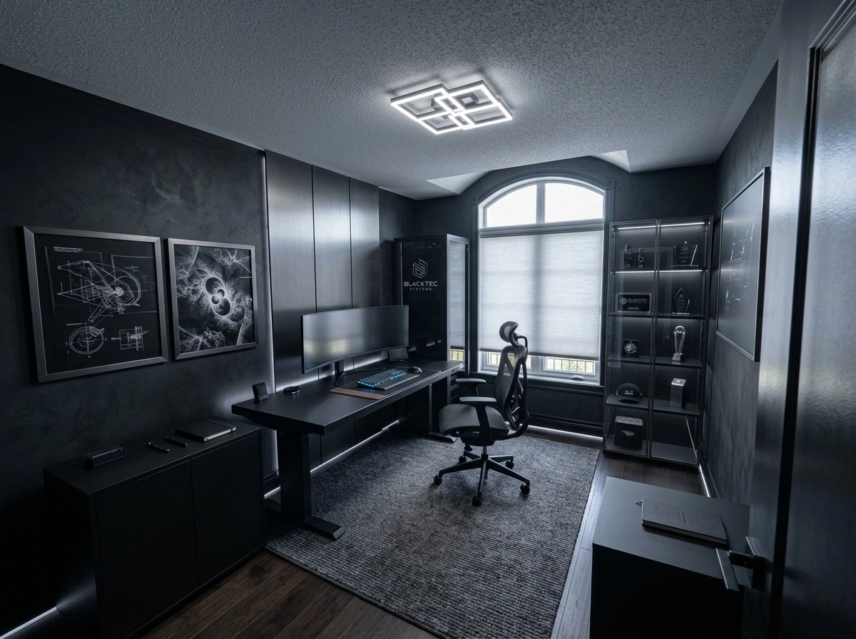 Office interior in Blacktec style — photo by GenRoom AI