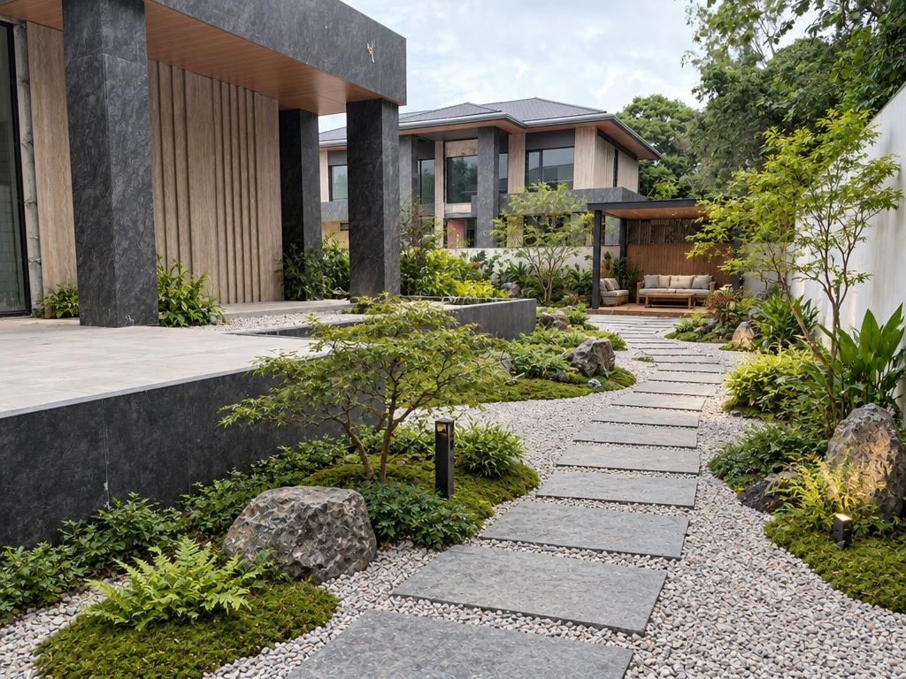 Návrh krajiny ve stylu Japanese Garden styl — Dvůr od GenRoom AI