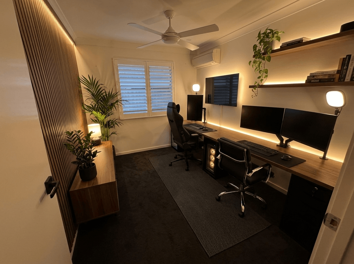 Office interior in Blacktec style — photo by GenRoom AI