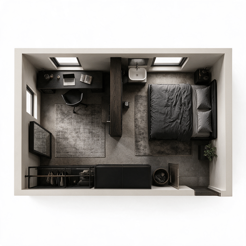 Design d'interni in stile Blacktec — Soggiorno di GenRoom AI
