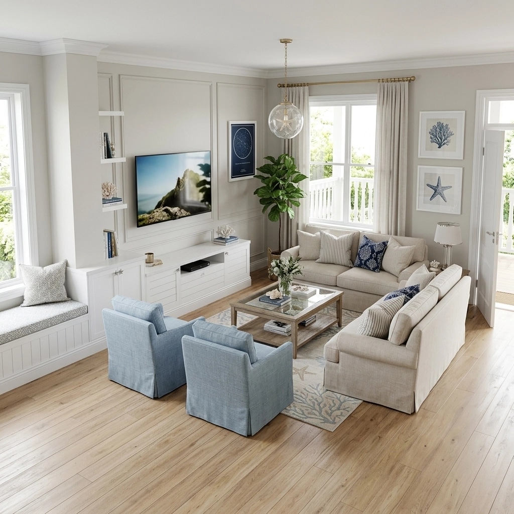 Coastal / Hamptons غرفة المعيشة design — interior photo by GenRoom AI