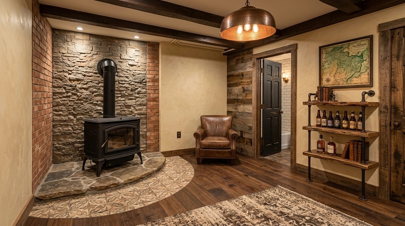Interior design in Rustic style — basement by GenRoom AI