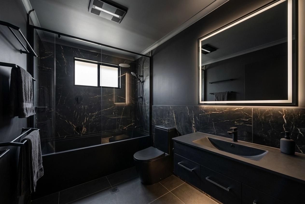 Bathroom interior in Blacktec style — photo by GenRoom AI