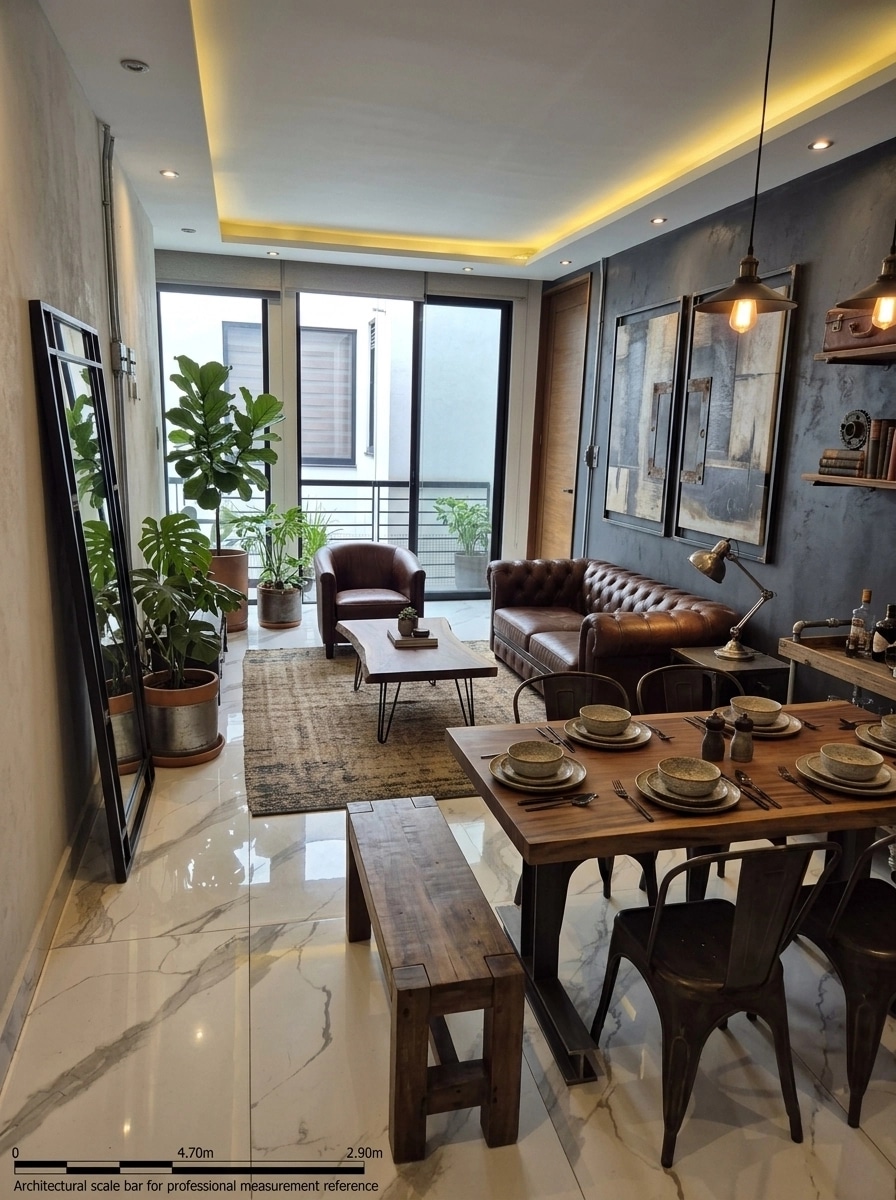 Interior desain di Loft / Industrial gaya — Ruang Tamu oleh GenRoom AI