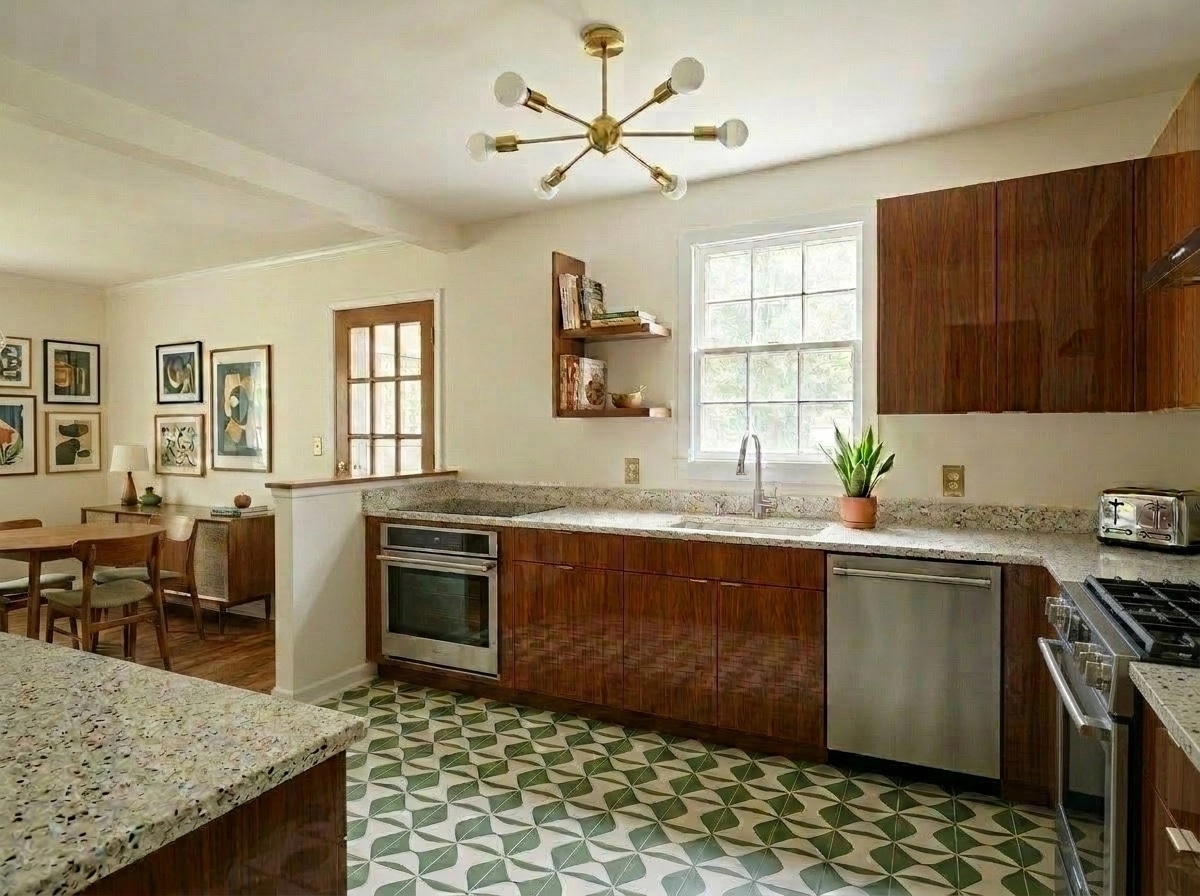 Kitchen interior in Mid-Century Modern style — photo by GenRoom AI