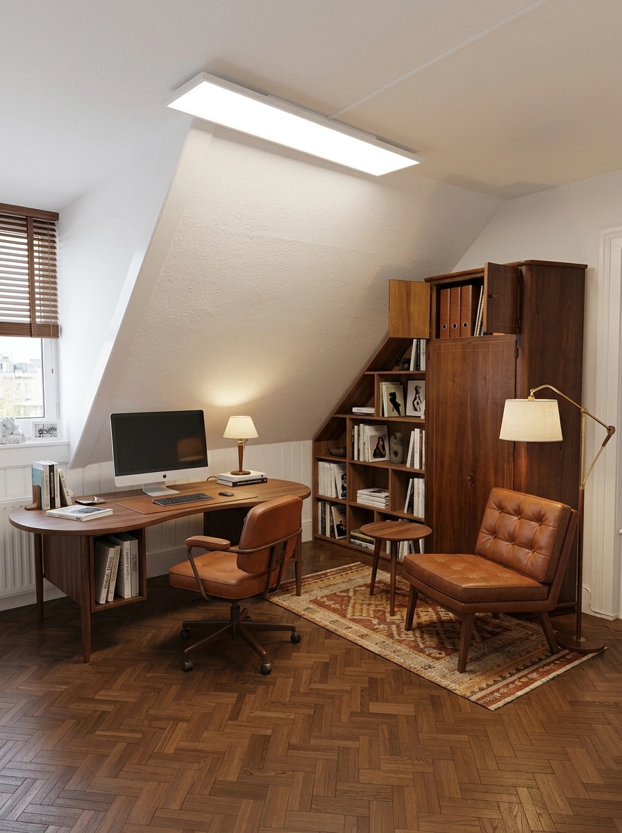 التصميم الداخلي بنمط Mid-Century Modern — المكتب من GenRoom AI