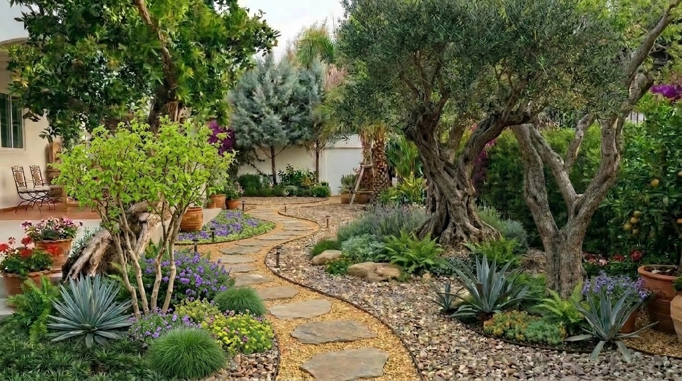 Peyzaj tasarımı Mediterranean Yard stili — Bahçe GenRoom AI
