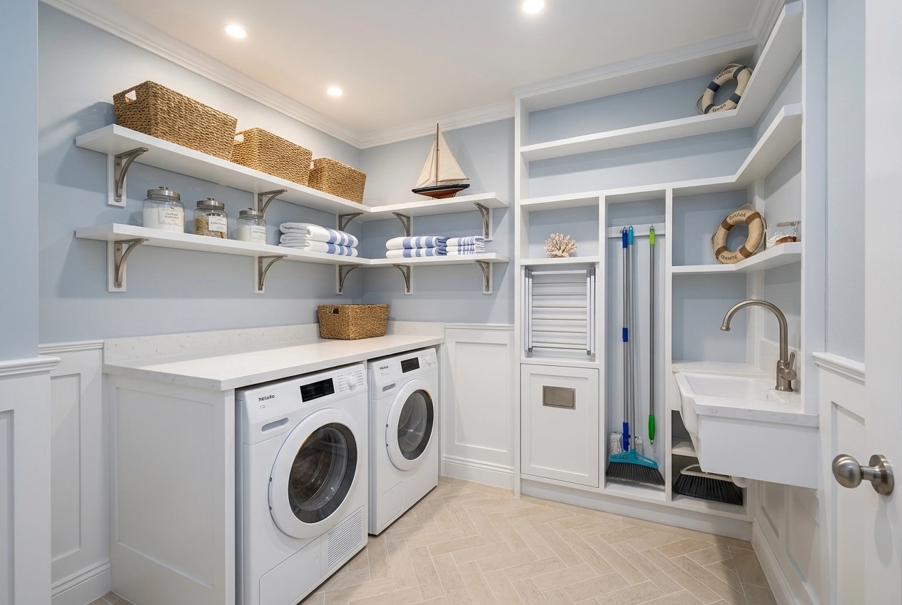 Diseño de interiores en estilo Coastal / Hamptons — laundry por GenRoom AI
