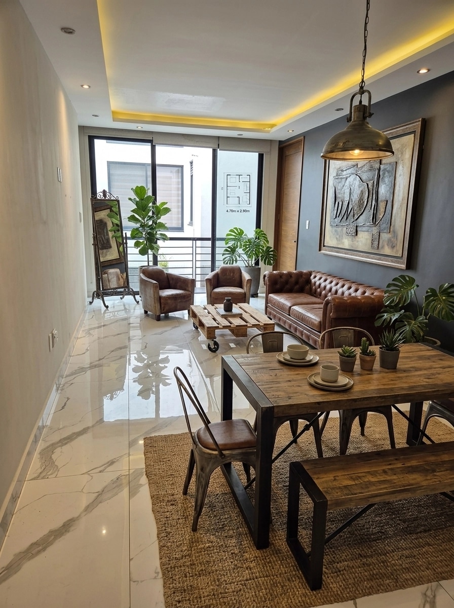 Interior desain di Loft / Industrial gaya — Ruang Tamu oleh GenRoom AI