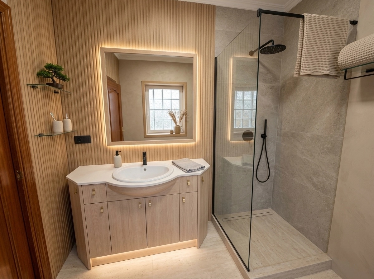 Bathroom interior in Japandi style — photo by GenRoom AI