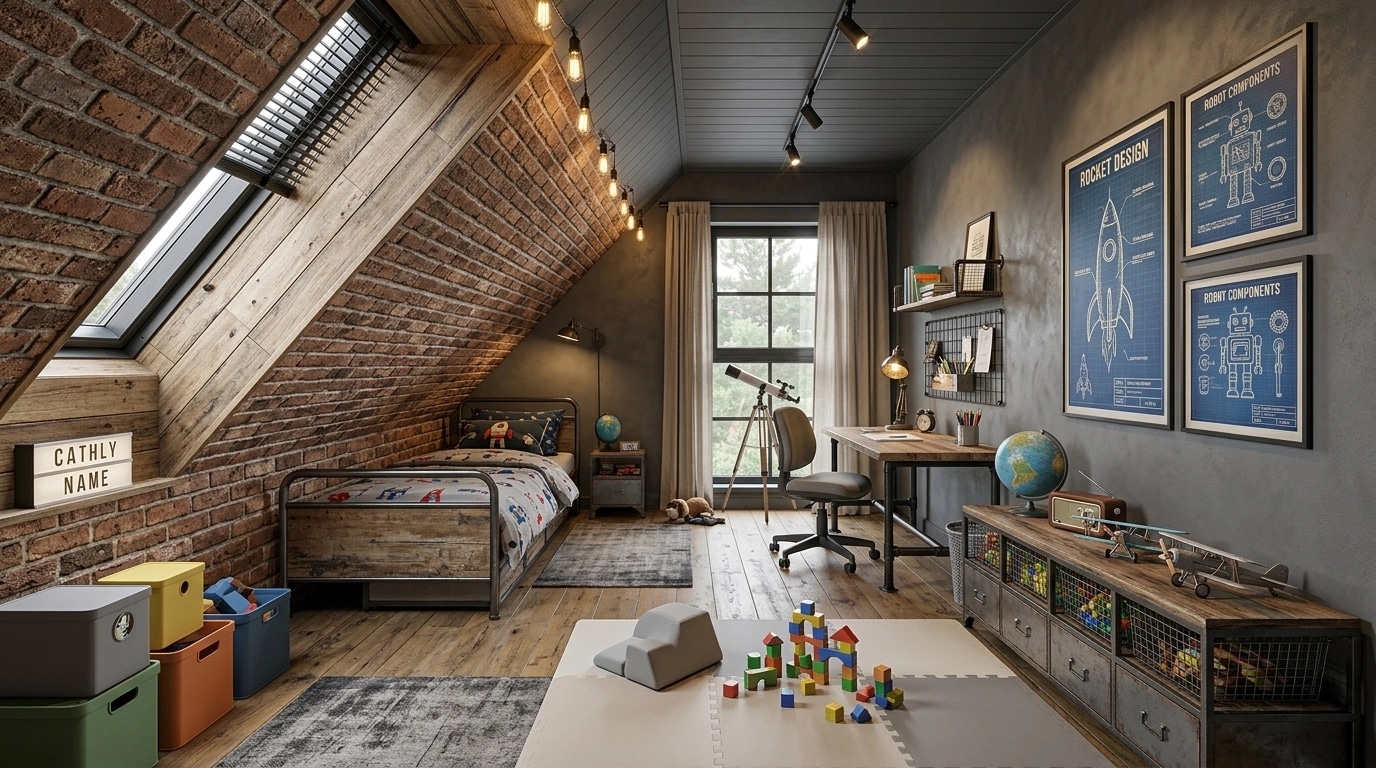 Loft / Industrial Kids Room design — interior photo by GenRoom AI