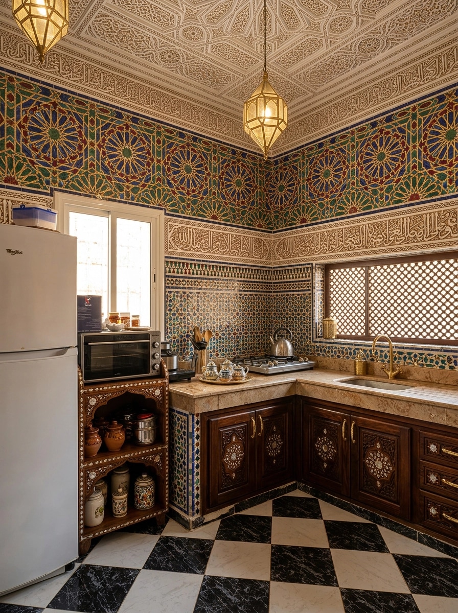 Kitchen interior in Islamic Geometric style — photo by GenRoom AI