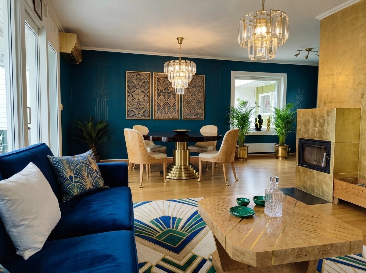 İç mekân tasarımı Art Deco stili — Oturma Odası GenRoom AI