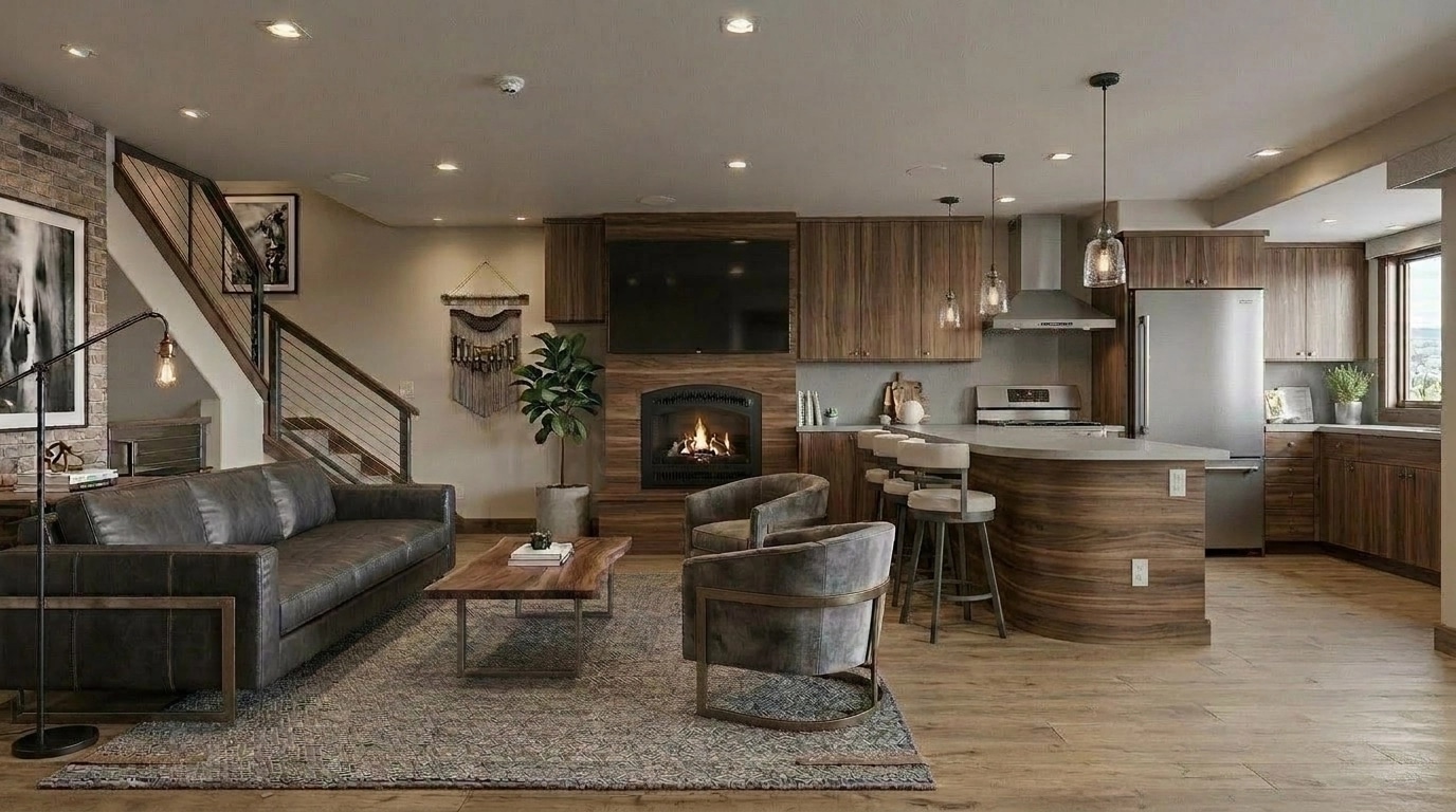 Interior desain di Loft / Industrial gaya — Ruang Tamu oleh GenRoom AI