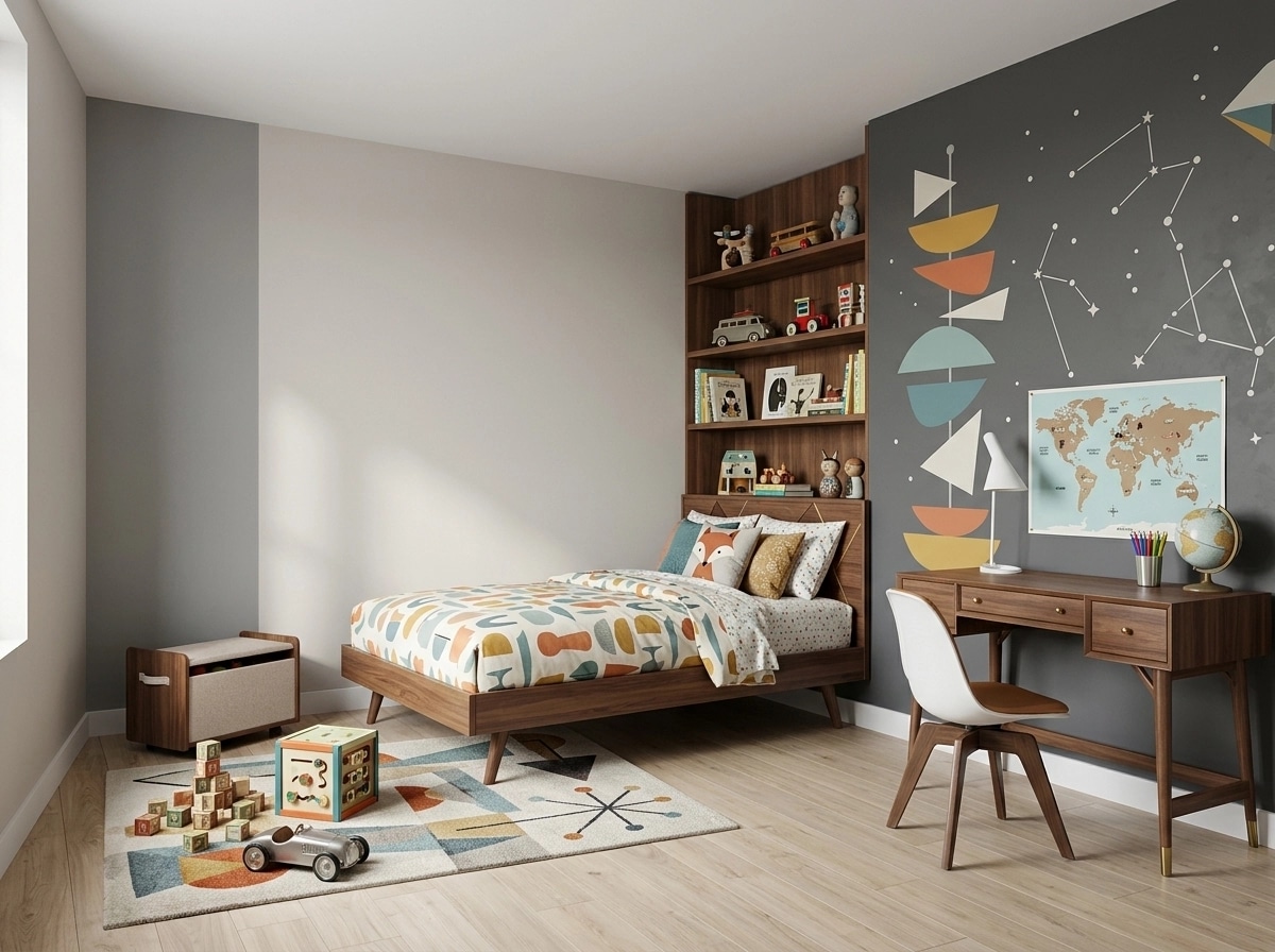 Mid-Century Modern Kids Room design — interior photo by GenRoom AI