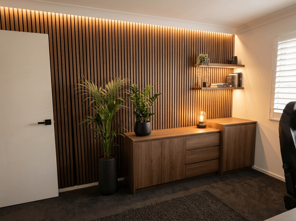 Office interior in Blacktec style — photo by GenRoom AI