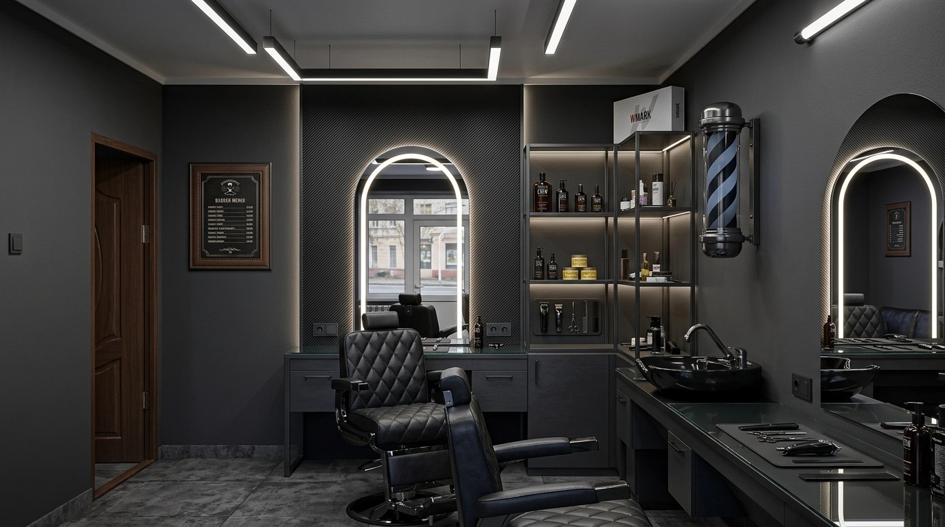 İç mekân tasarımı Blacktec stili — barbershop GenRoom AI