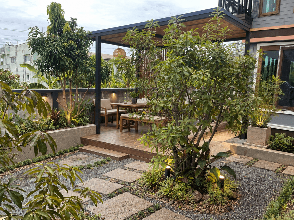 Yard design in Japanese Garden style — photo by GenRoom AI
