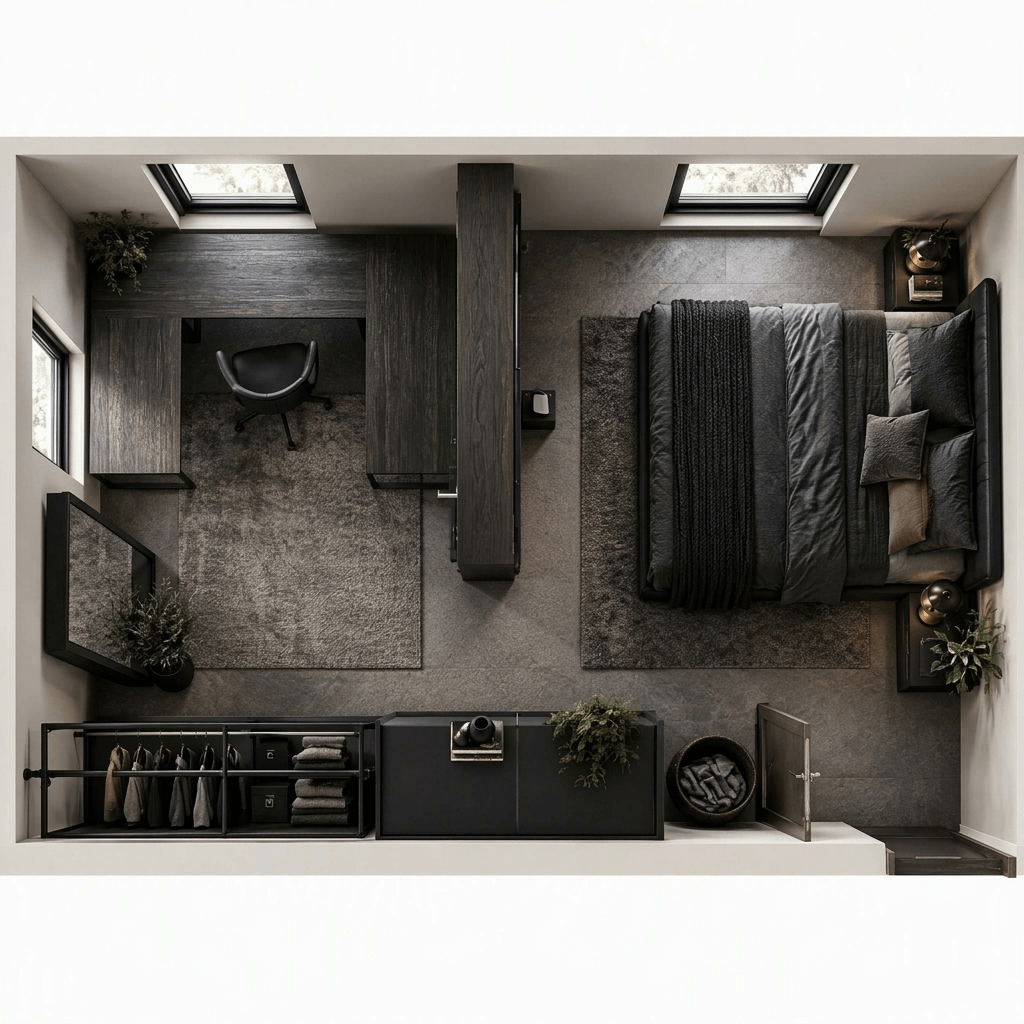 Design d'interni in stile Blacktec — Camera da letto di GenRoom AI