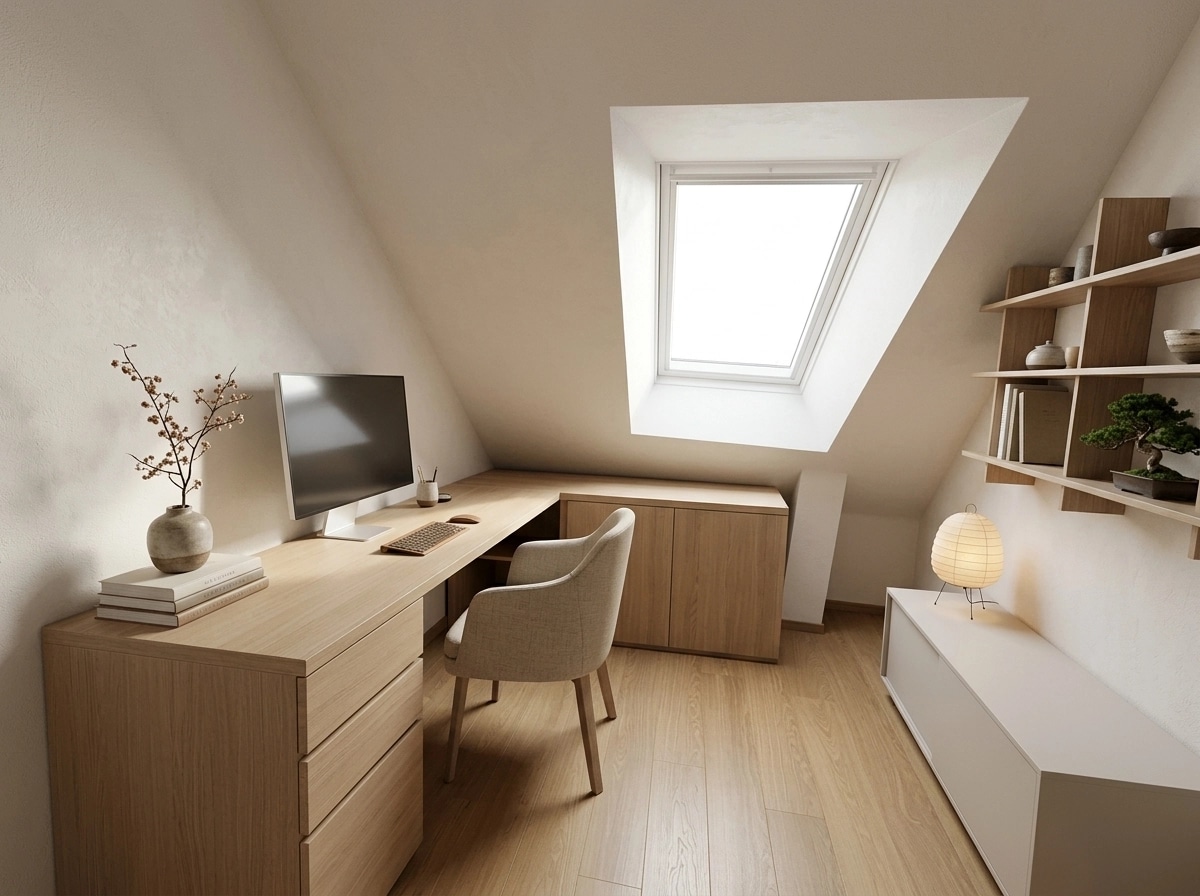 Office interior in Japandi style — photo by GenRoom AI