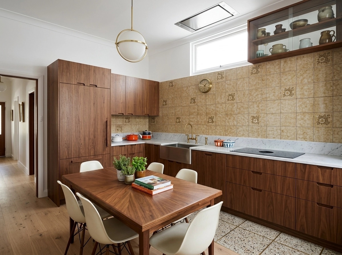 Kitchen interior in Mid-Century Modern style — photo by GenRoom AI