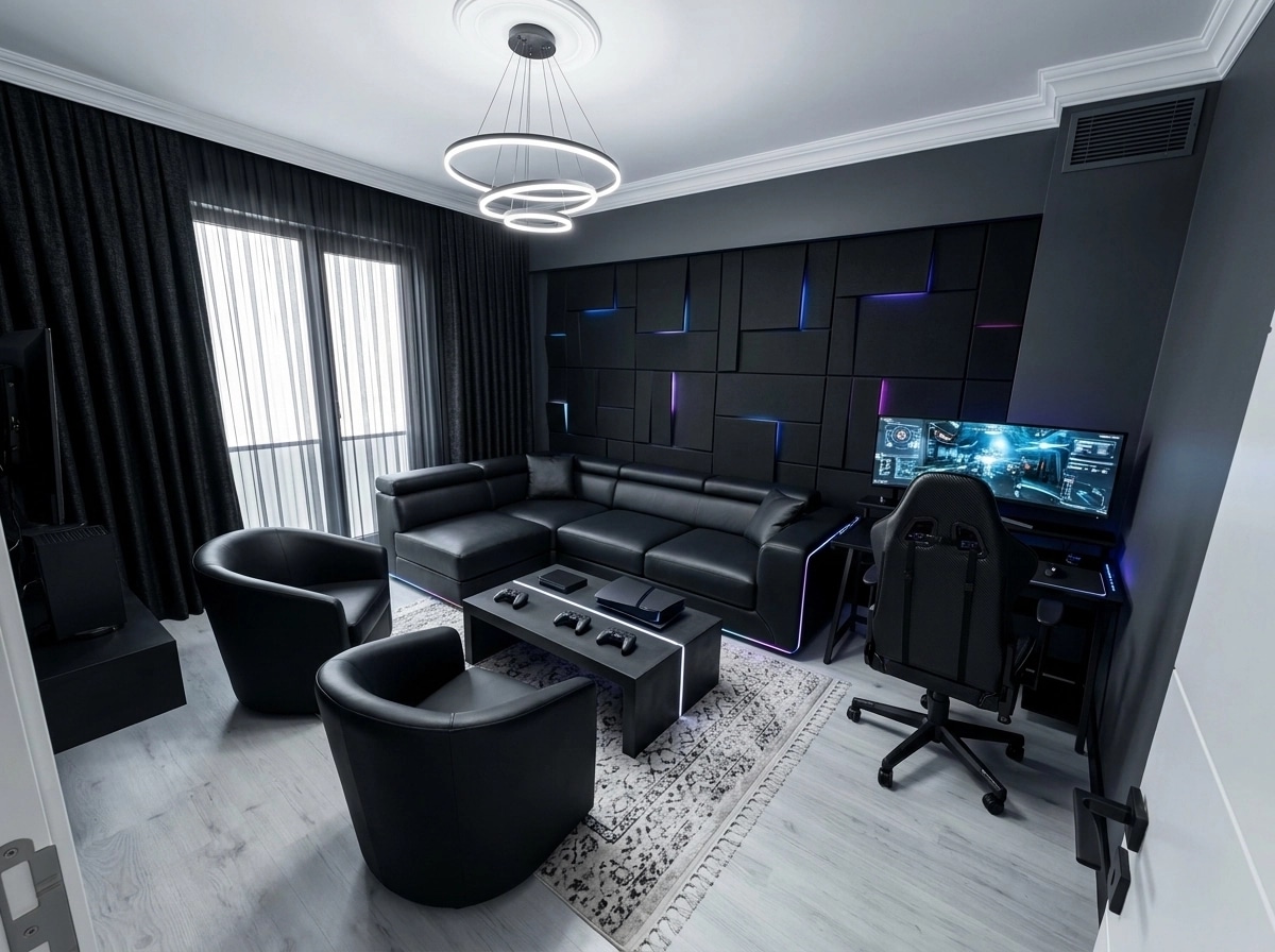 Design d'interni in stile Blacktec — Soggiorno di GenRoom AI