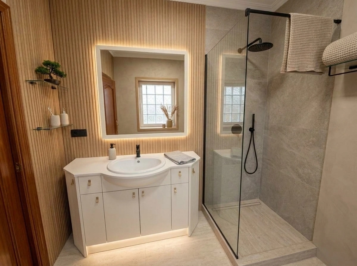 Bathroom interior in Japandi style — photo by GenRoom AI