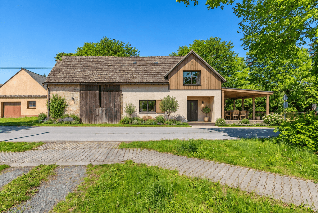 Facade design in Barnhouse Facade style — photo by GenRoom AI