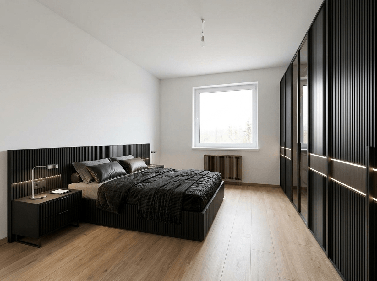 Design d'interni in stile Blacktec — Camera da letto di GenRoom AI